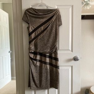 Betsey Johnson Mixed Media Midi Dress 14 Gold Brown Black